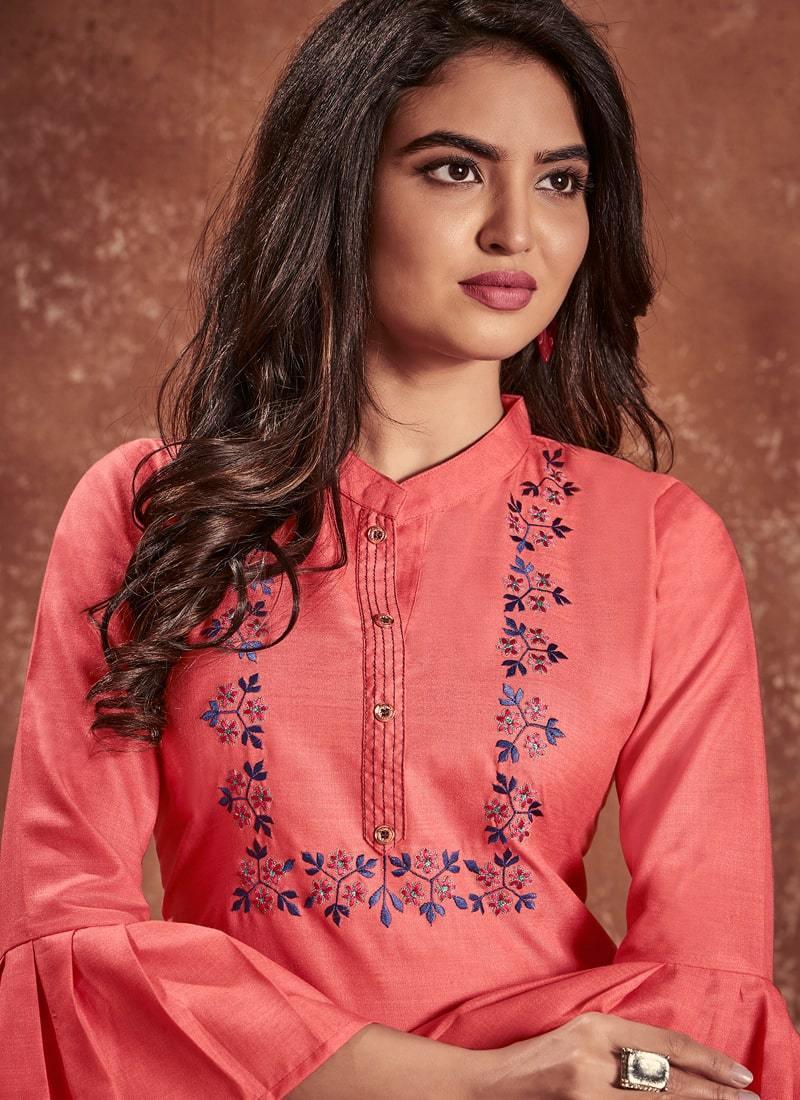 Sumptuous Look Peach Pink Color Cotton Fabric Embroidered Kurti Grey Outlet Store Online