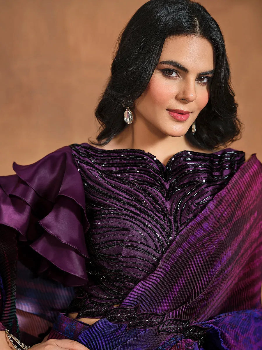 Radiant Dark Purple Satin Silk Printed Ready To Wear Saree Cheapest Pice For Sale