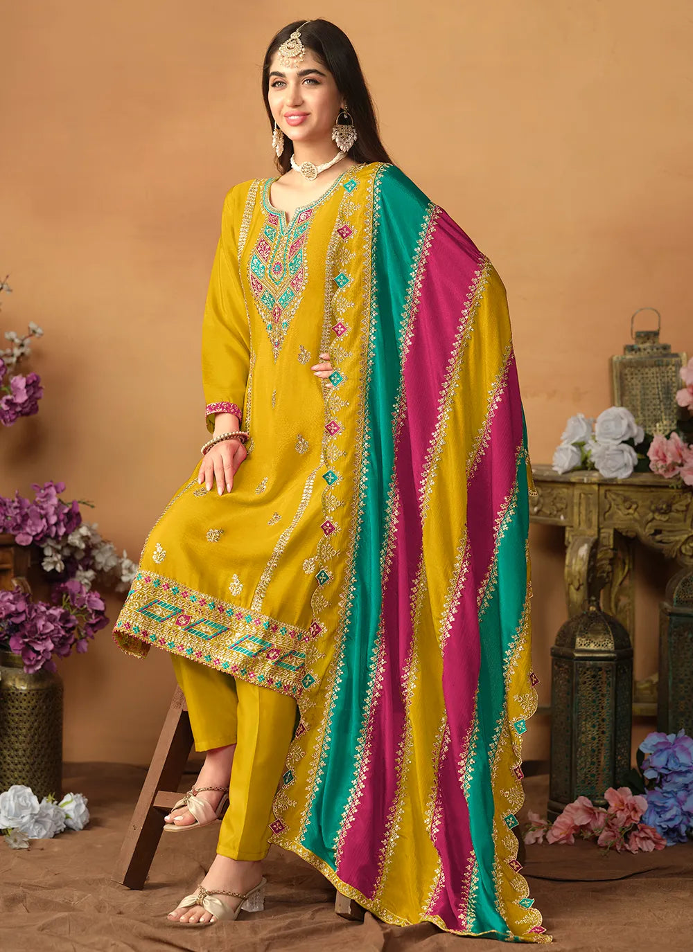 Chinon Silk Straight Suit in Vibrant Yellow with Detailed Embroidery Outlet Online