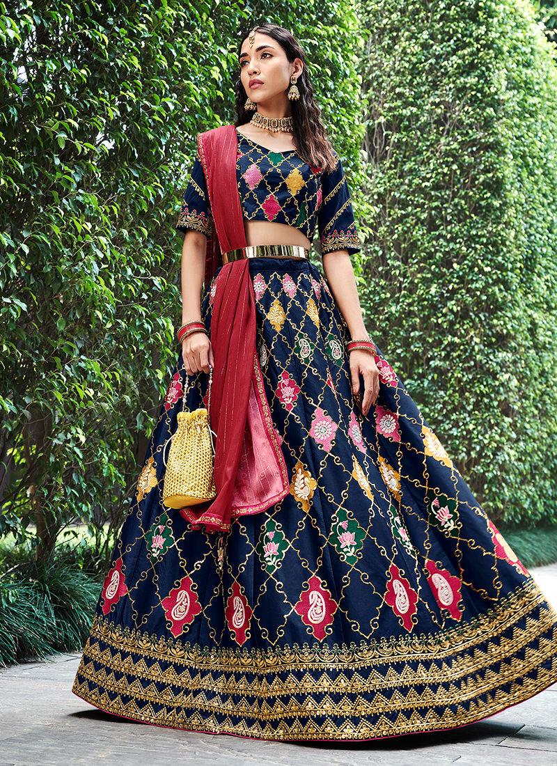 Silk Base Navy Blue Embroidered Lehenga Authentic Online