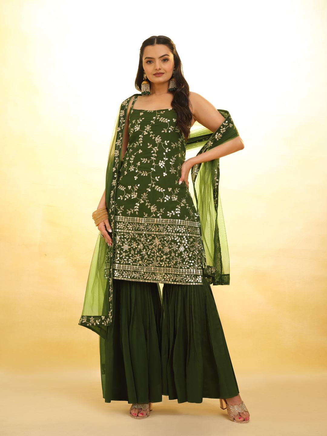 Green Embroidered Georgette Sharara Suit with dupatta Comfortable Cheap Pice