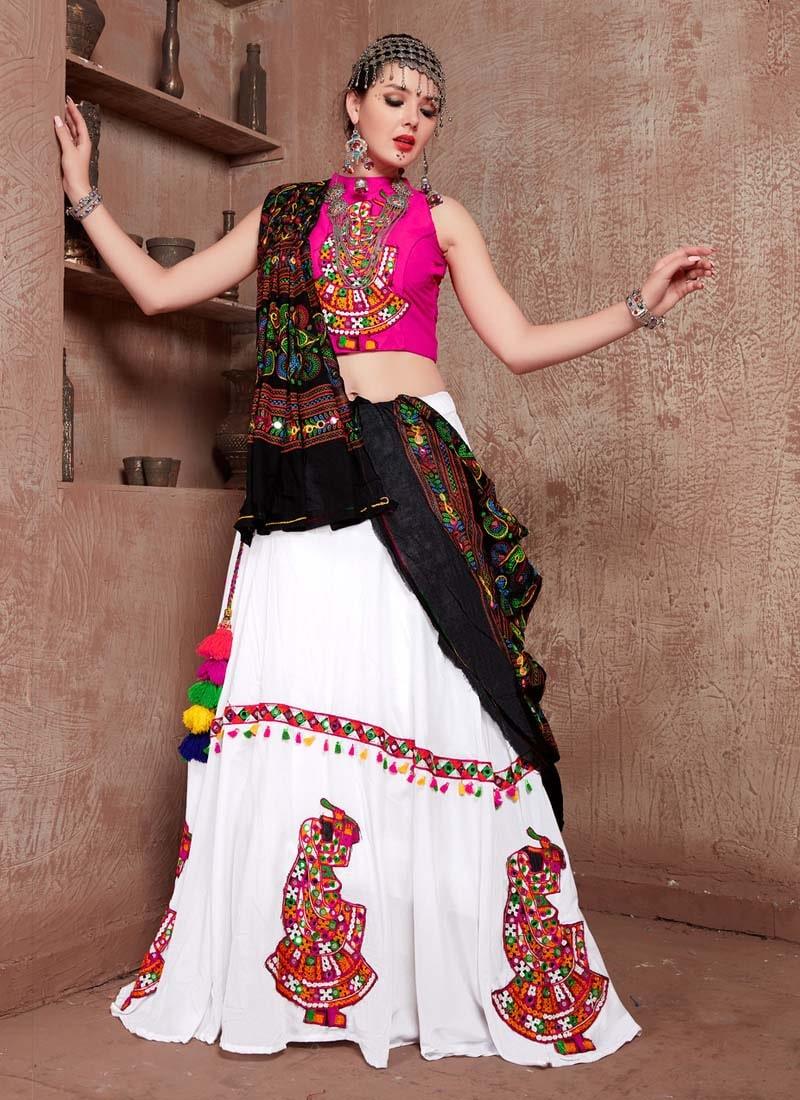 Cotton Base Pink And White Color Mirror Work Navratri Special Lehenga Choli Sale Classic