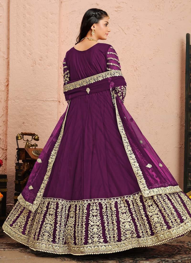 Soft Net Fabric Purple Color Zari Work Fabulous Designer Gown Really For Sale