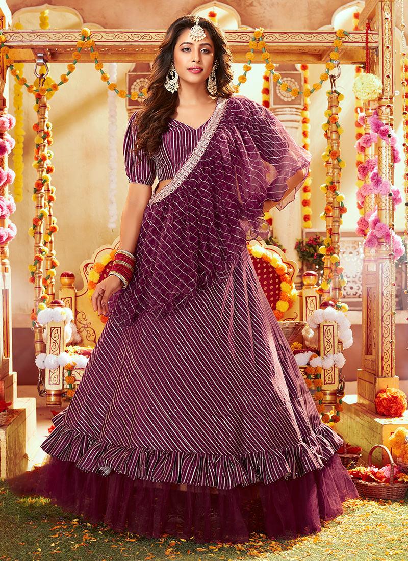 Puff Sleeves Wine Ruffle Chaniya Choli Free Shipping Online