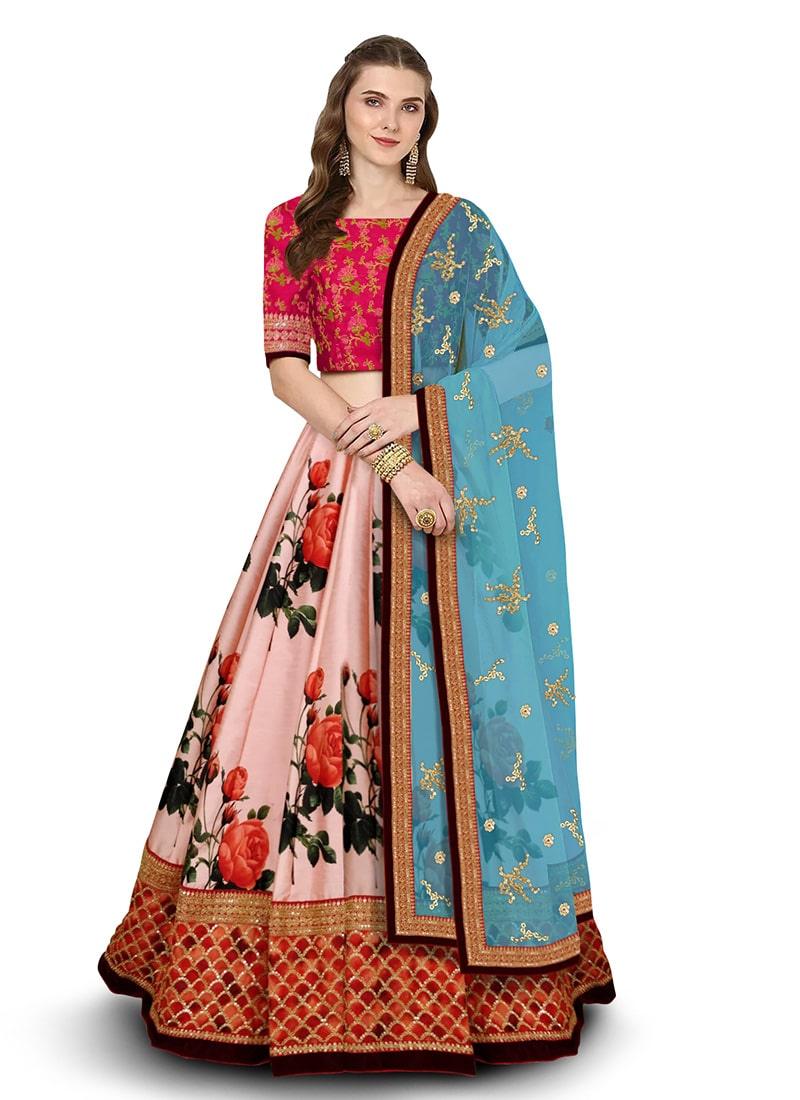 Occasion Wear Pink Color Art Silk Material Floral Print Lehenga Clearance Free Shipping