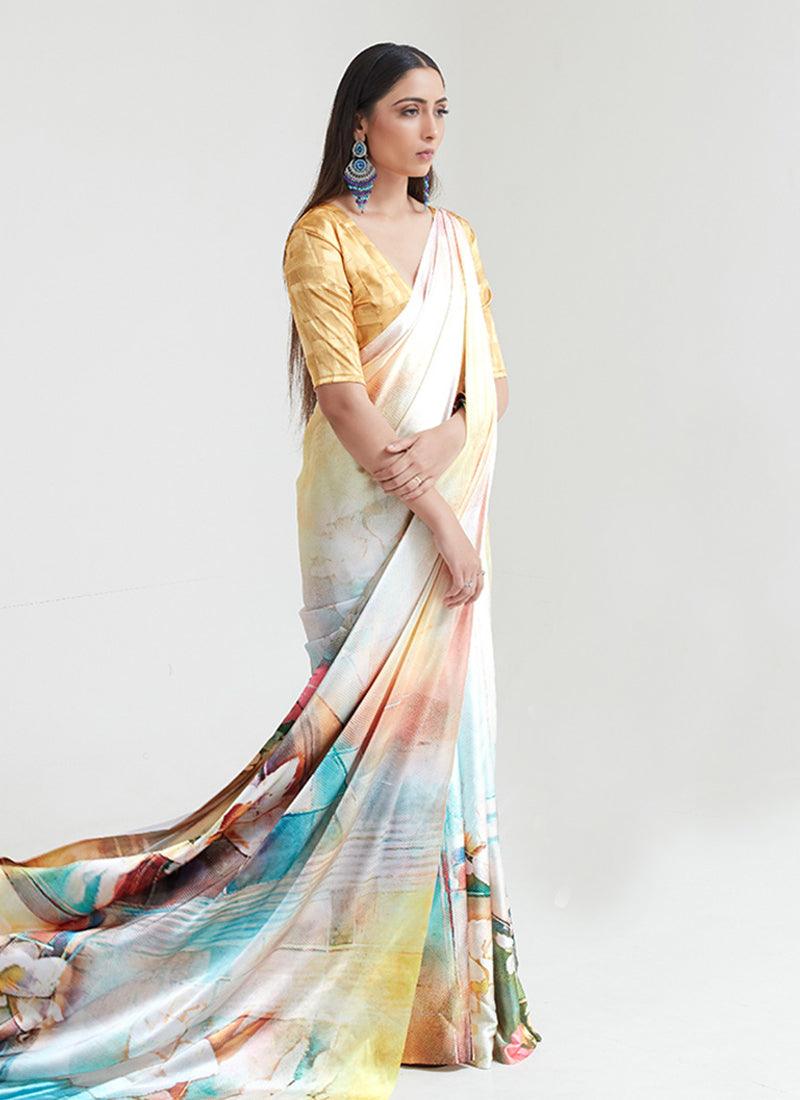 Occasion Wear Light Yellow Color Satin Fabric Printed Saree Clearance Store Cheap Online