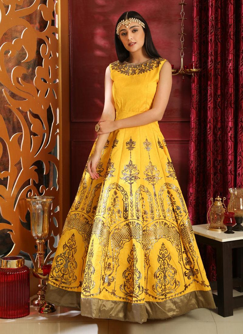 Elegant Bright Yellow Silk Designer Gown With Metallic Foil Print Affordable Cheap Online