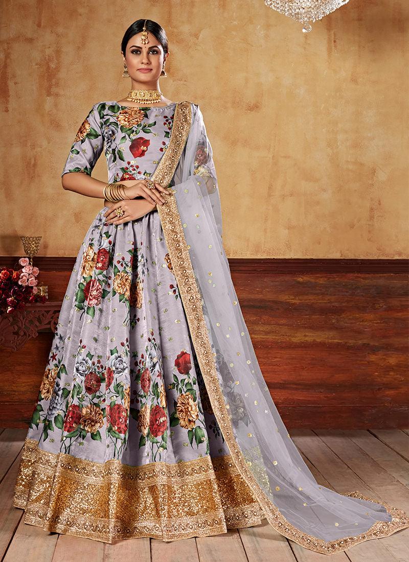 Heavy Sequins Digital Printed Grey Floral Lehenga With Mastercard Online