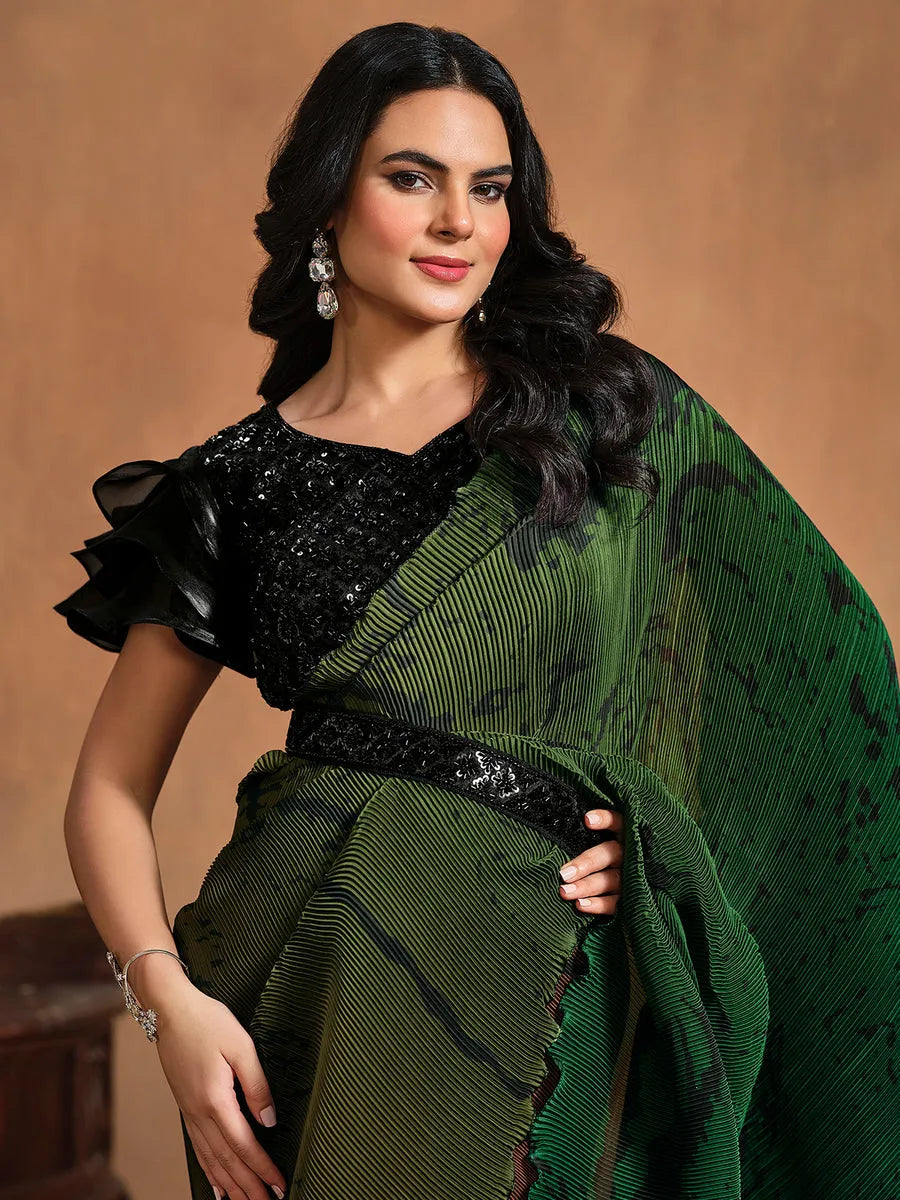 Magical Dark Green Pure Satin Silk Ready To Wear Printed Saree Official Site For Sale