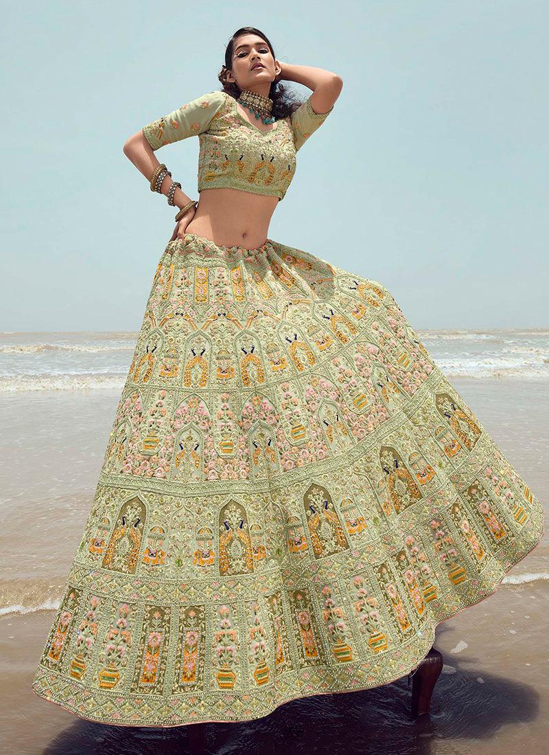 Heavy Work Green Georgette Lehenga Footlocker Finishline For Sale