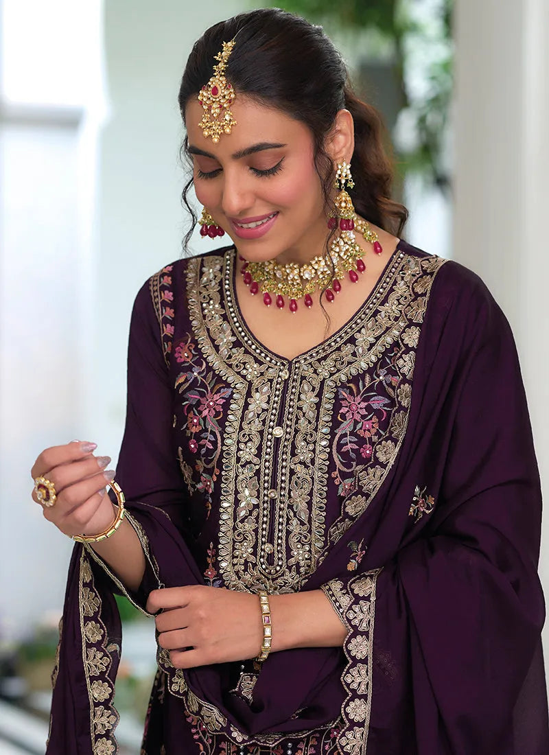 Dazzling Deep Purple Embroidered Traditional Palazzo Suit Fashion Style Online