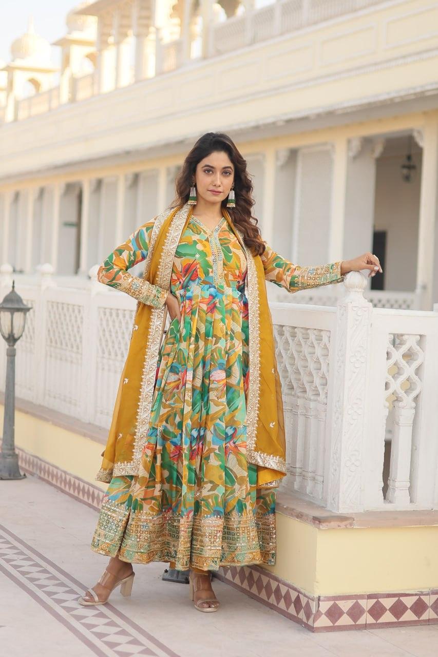 Floral Digital Printed Zari Sequins Worked Gown With Dupatta Good Selling Online