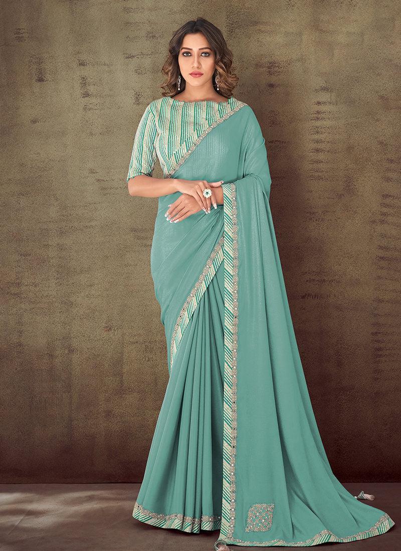 Turquoise Saree With Sequins Zari Blouse Pictures Online