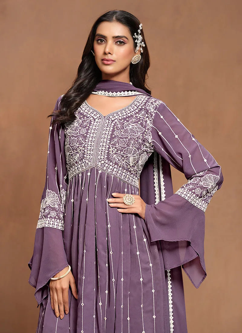 Lustrous Lavender Embroidered Kurta Palazzo Suit Low Pice For Sale