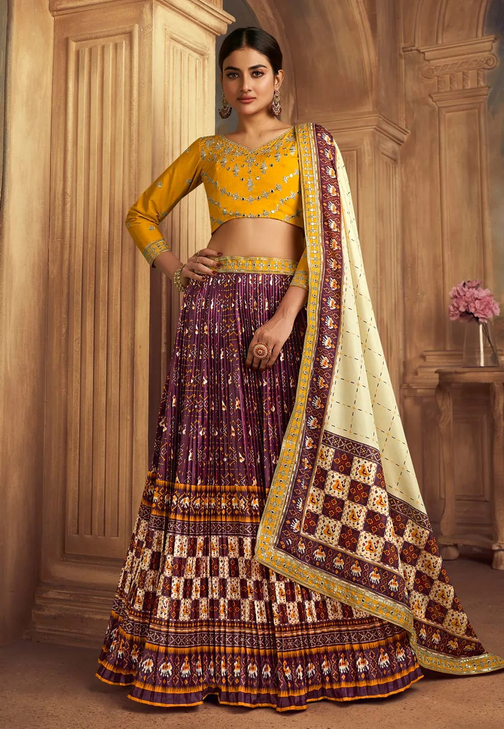 Impressive Gaji Silk Wine-Yellow Patola Printed Lehenga Choli Discount Wholesale