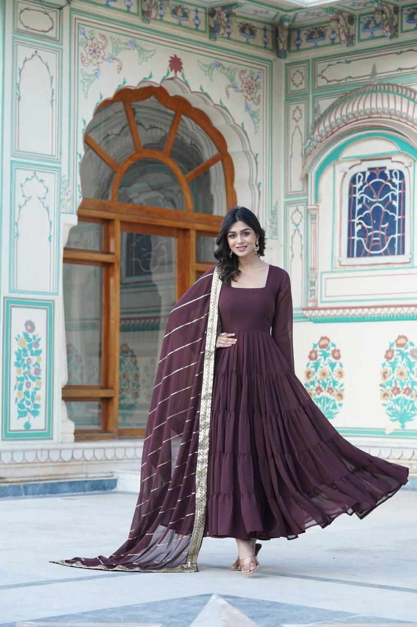 Brown Georgette Embroidered Gown with dupatta Free Shipping Eastbay