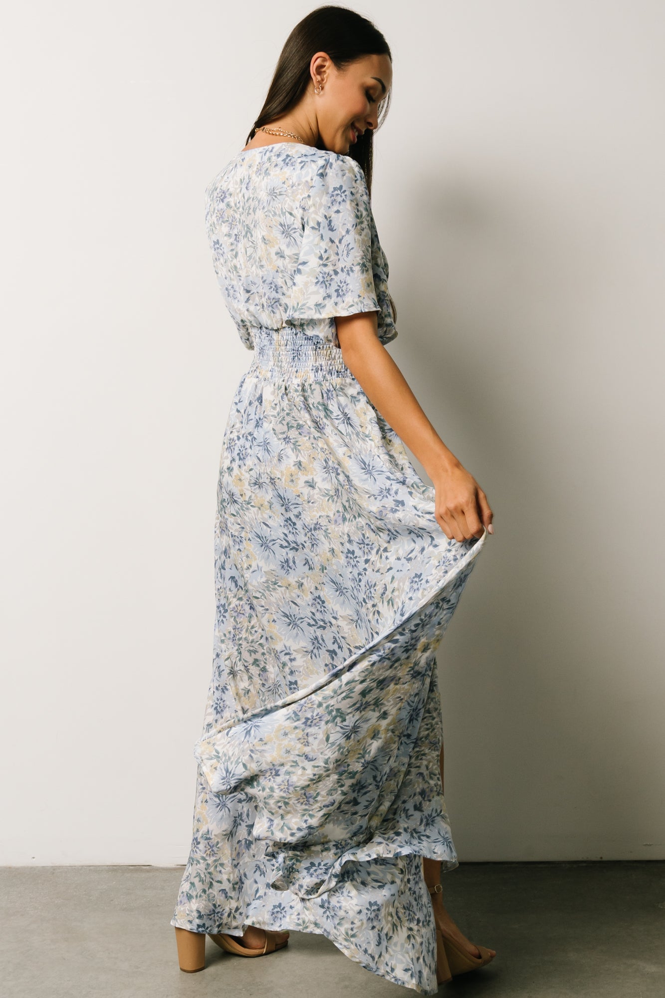 Verona Smocked Maxi Dress | White + Blue Print Latest Cheap Online