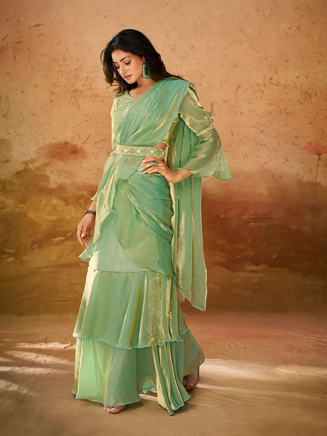 Green Organza Handworked Designer Ready To Wear Saree Countdown Package Cheap Pice