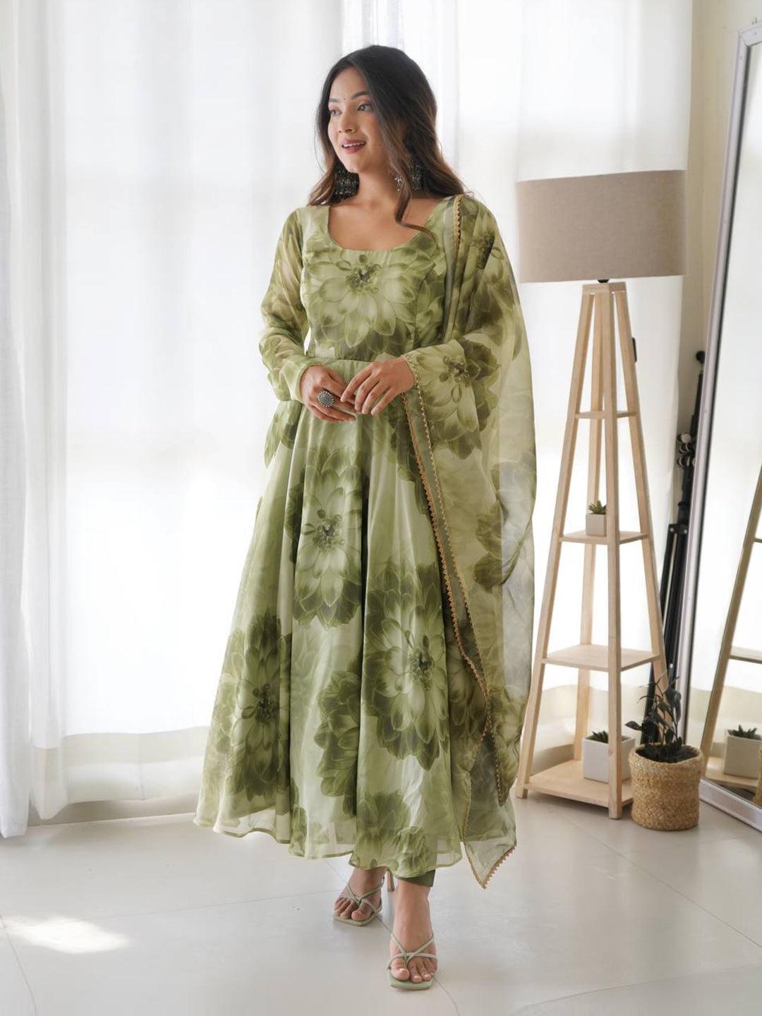 Printed green floral gown with dupatta Big Sale Sale Online