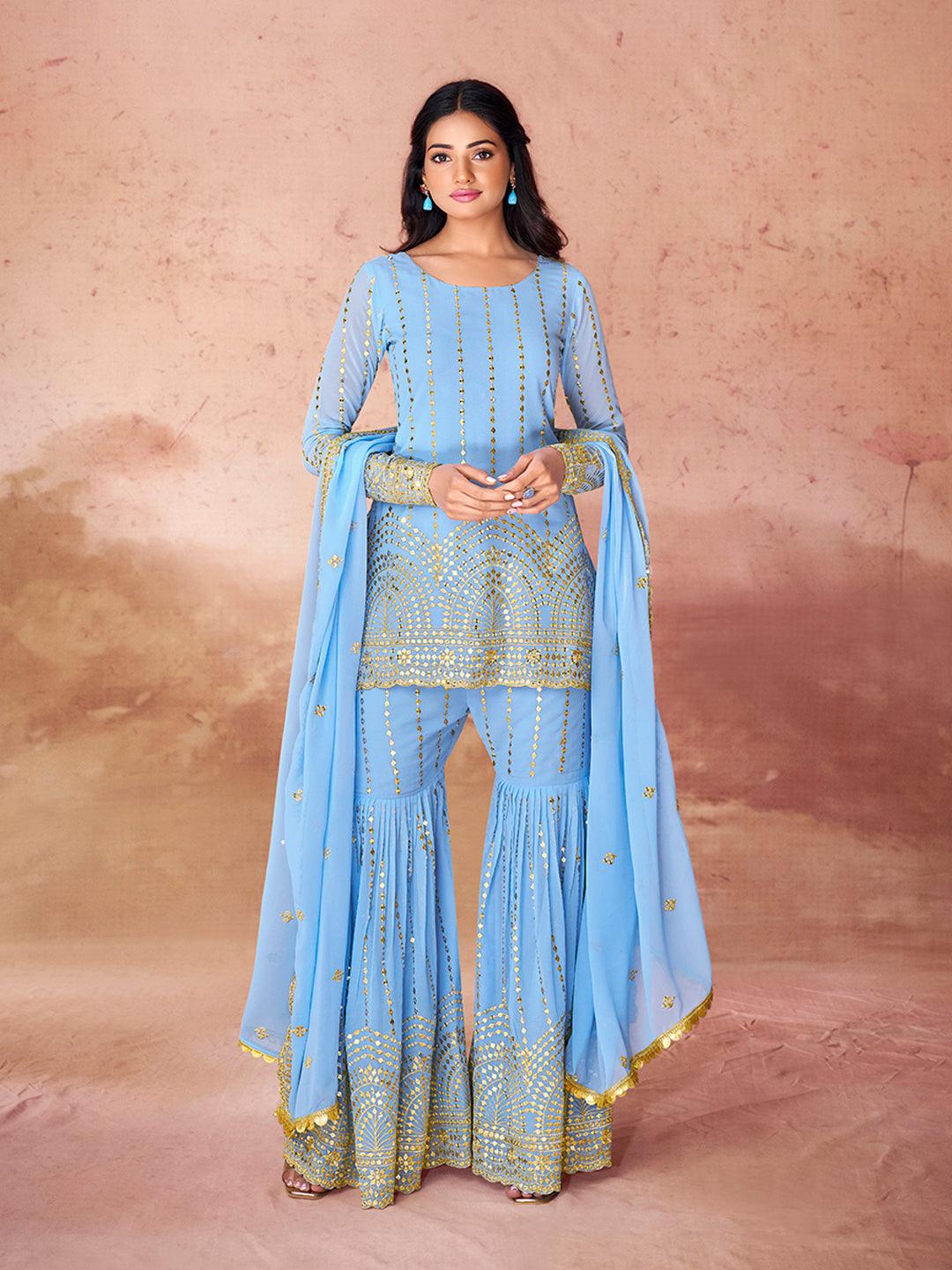 Sky Blue Embroidered Full Sleeve Sharara Suit With Credit Card