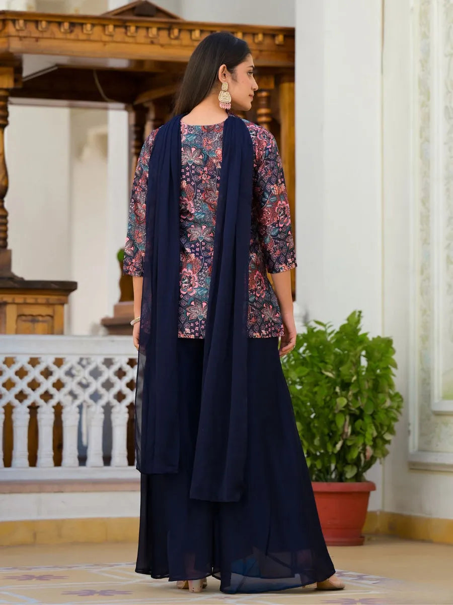 Navy Blue FLoral Printed Handworked Designer Top Palazzo Suit Looking For For Sale