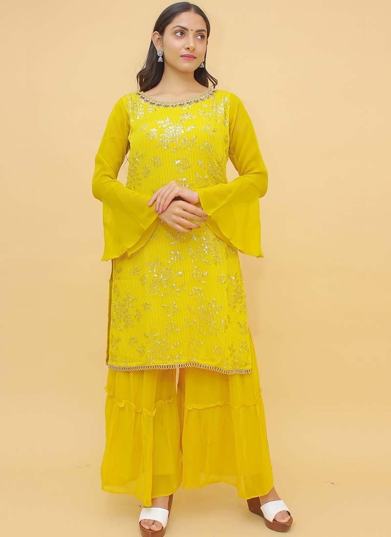 Shining Yellow Color Circular Flounce Sleeves Sequins Work Sharara Salwar Suit New For Sale