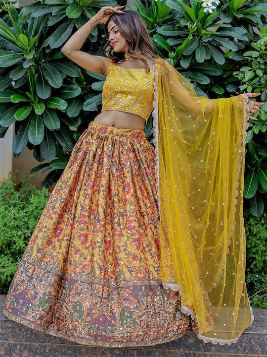 Yellow Silk Embroidered and Printed lehenga choli For Sale Online