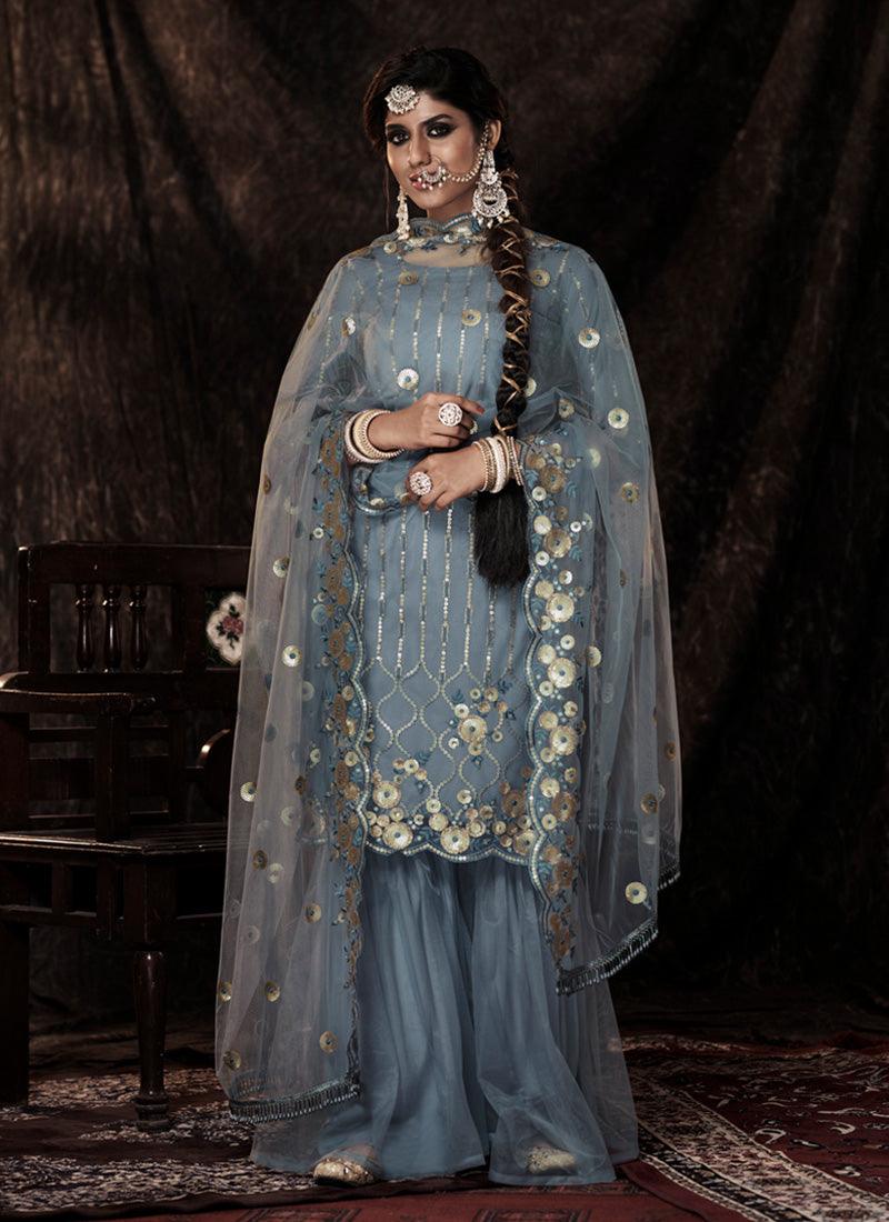 Ravishing Soft Net Base Grey Color Sequins Work Sharara Suit Discount Ebay