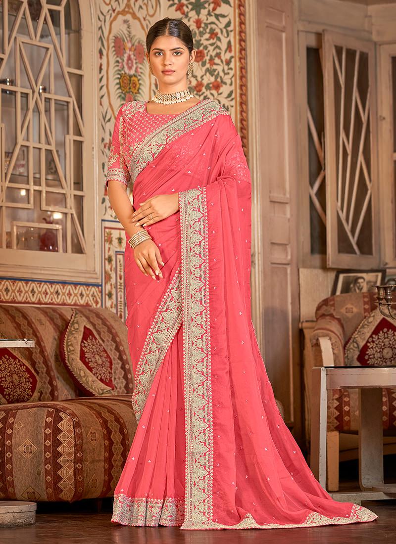 Sequins Work Coral Pink Organza Saree Very Cheap