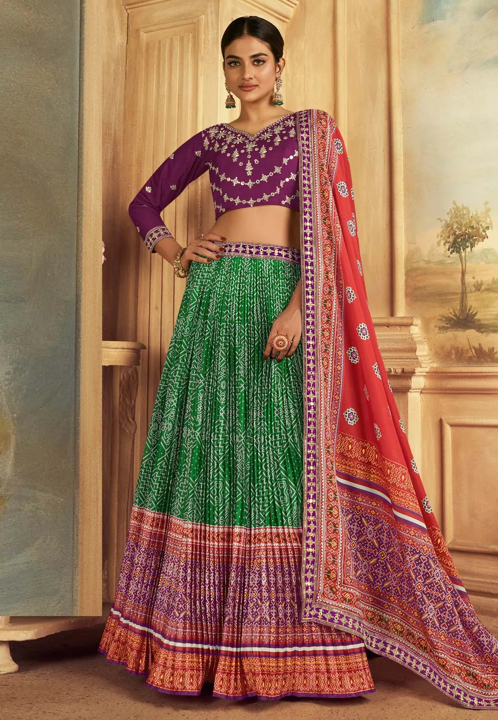 Fabulous Gaji Silk Green-Purple Patola Printed Lehenga Choli For Sale For Sale