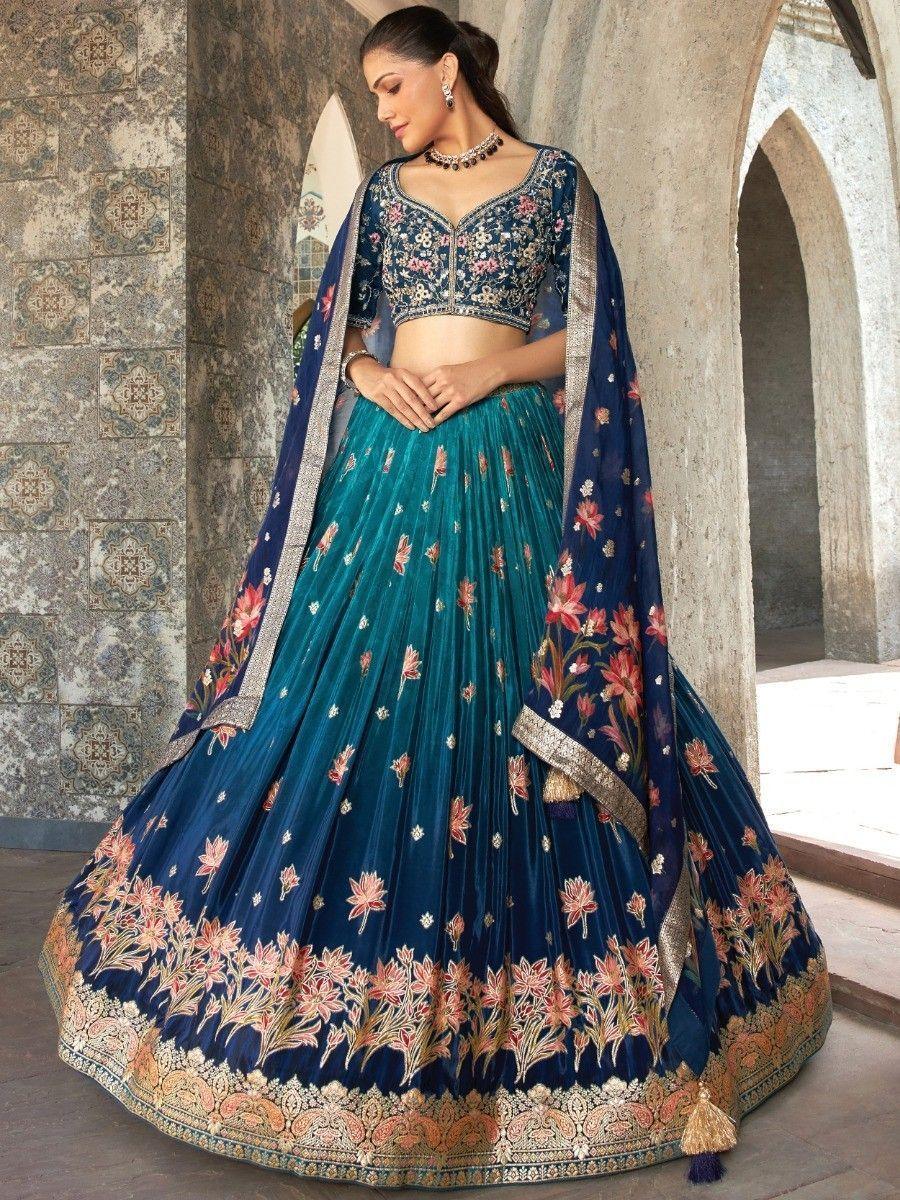 Outstanding Blue Zari Woven Silk Wedding Wear Lehenga Choli Set Clearance Store Cheap Online