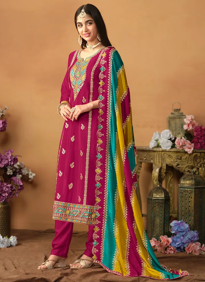 Rani Pink Chinon Silk Embroidered Designer Straight Suit Brand New Unisex Cheap Online