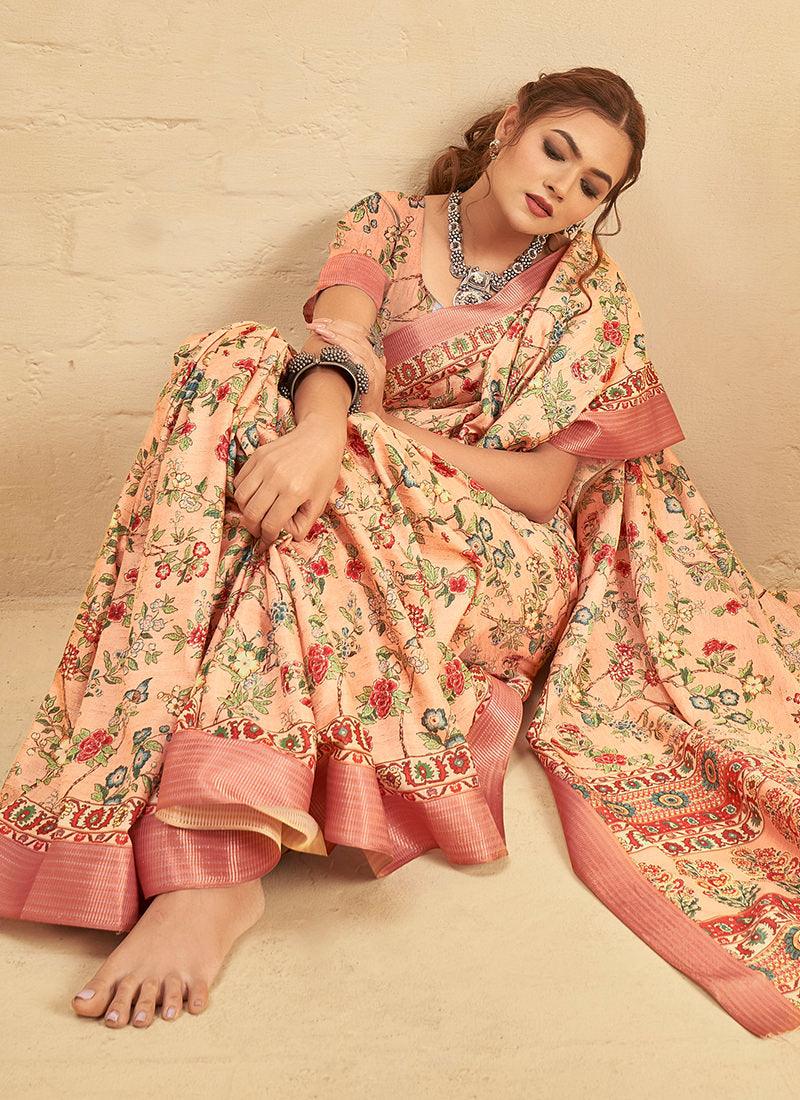 Silk With Digital Print Light Peach Saree Sale Explore