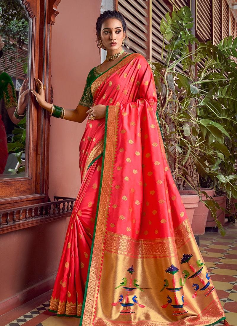 Exquisite Red and Green Silk Saree with Intricate Blouse From China For Sale