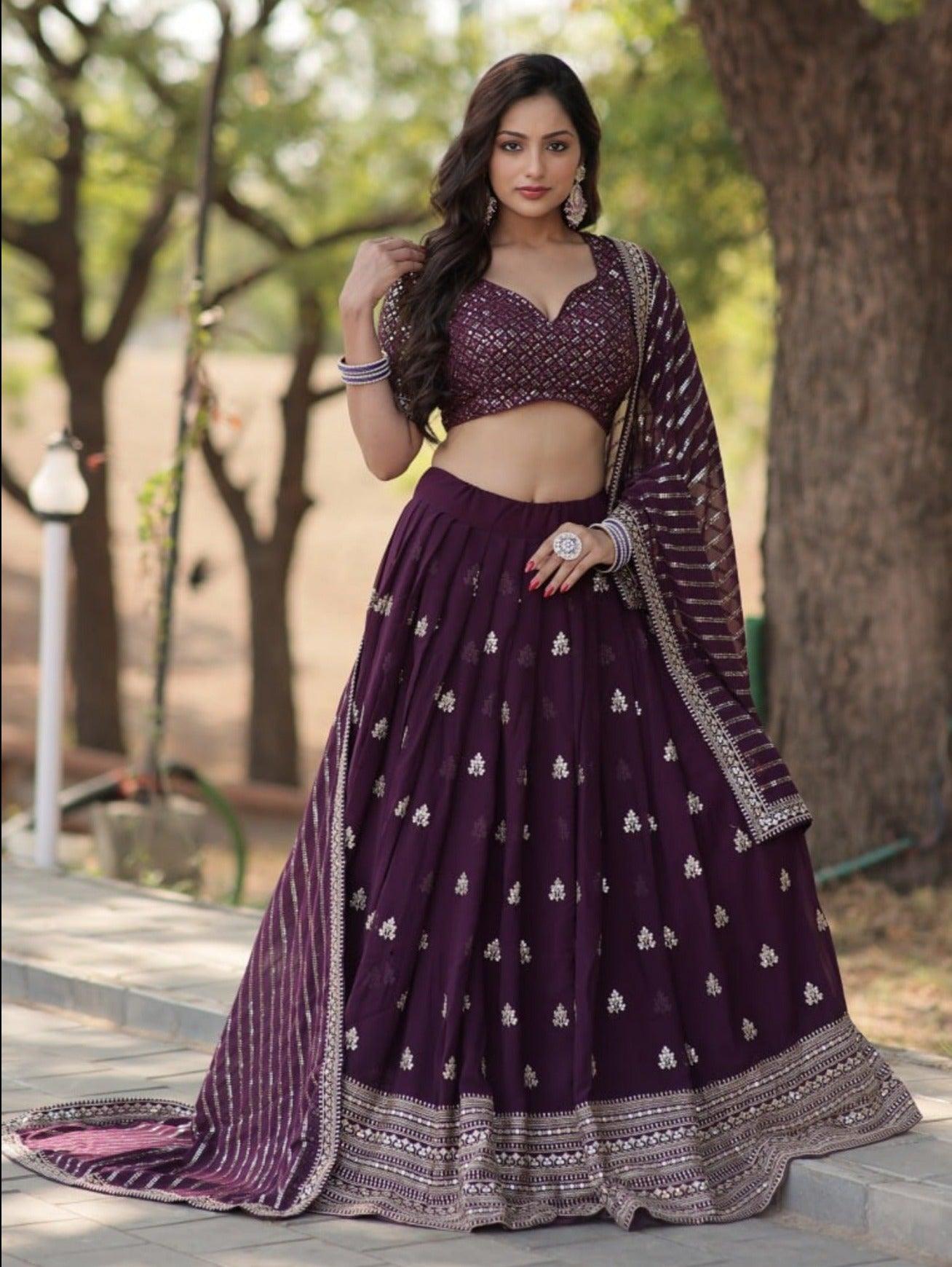 Elegant Plum Embroidered Lehenga Choli with Dupatta Low Pice Fee Shipping For Sale