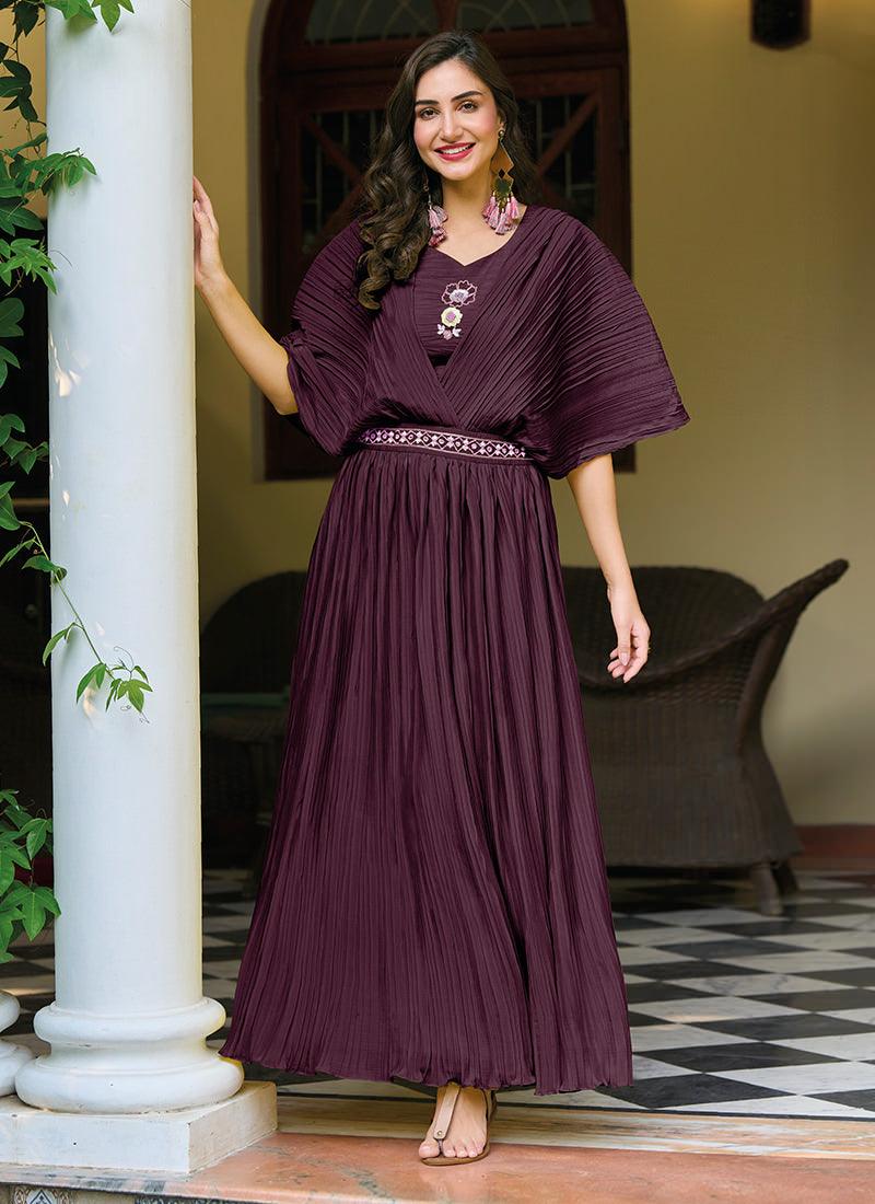 Batwing Sleeves Wine Crush Kurti With Belt Outlet Low Pice Fee Shipping