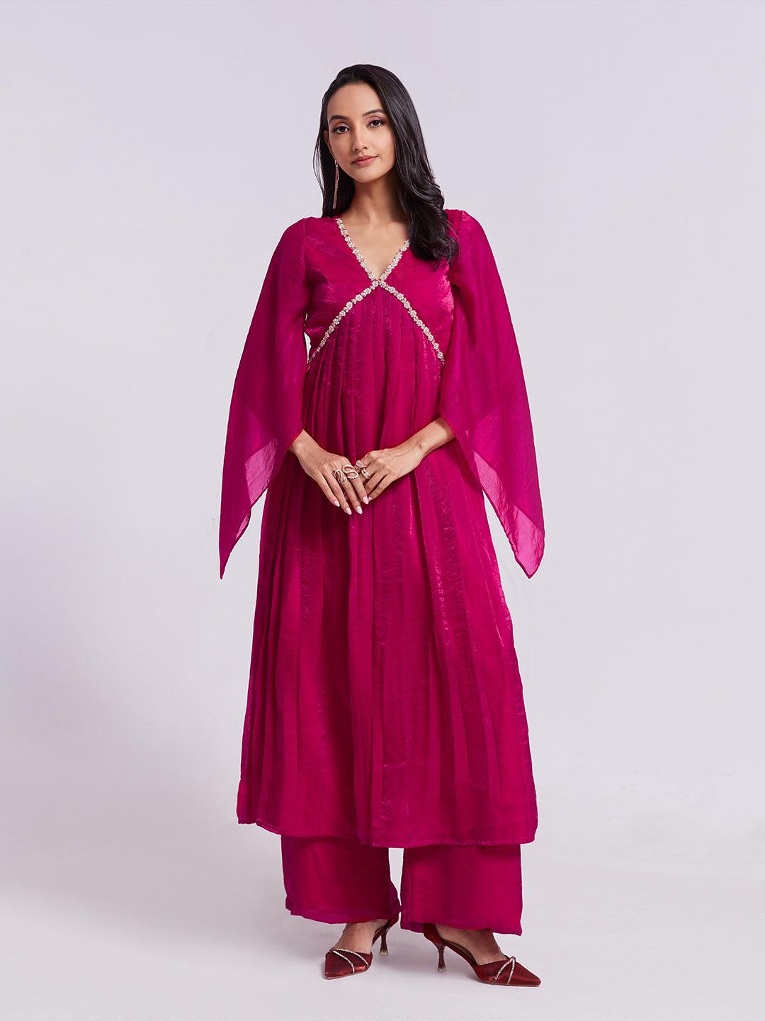 Rani pink organza salwar kameez with cape sleeve and hand work Sale Cheapest