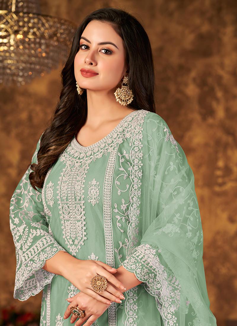 Sea Green Bell Sleeves Palazzo Salwar Suit Footlocker Pictures Online