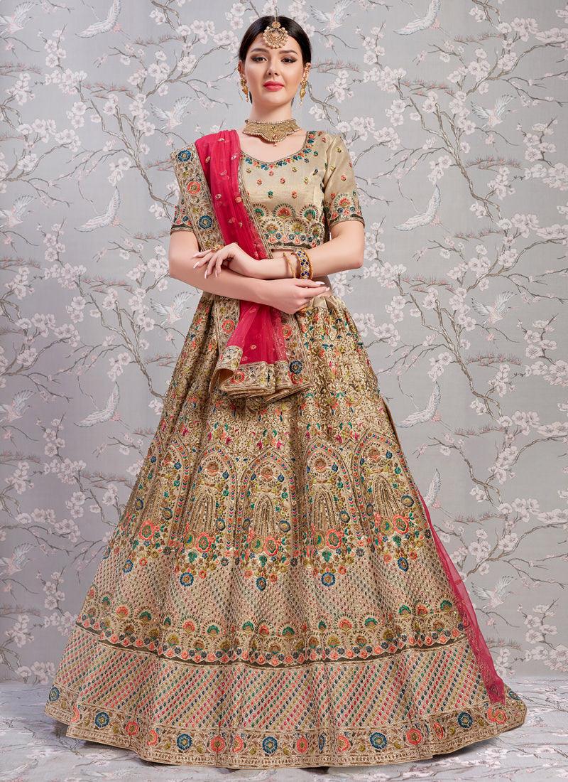 Adorable Beige And Red Silk Base Sangeet Designer Lehenga Choli Discount Online Online