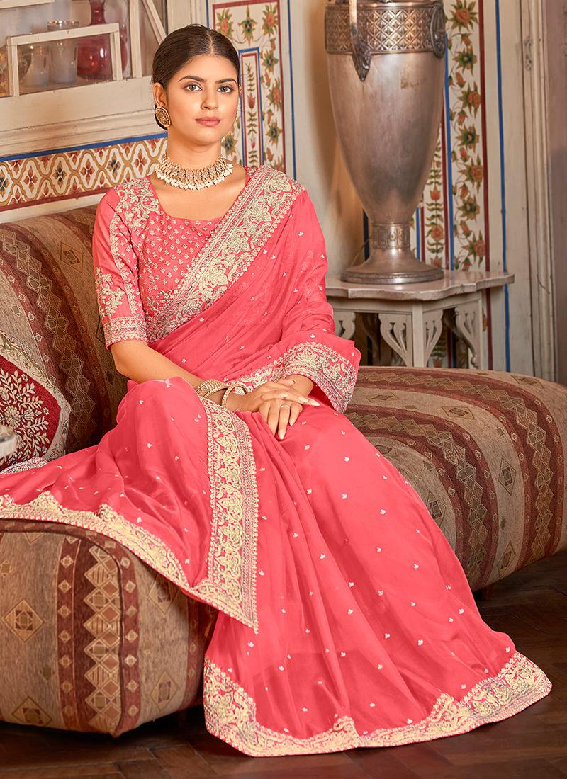 Sequins Work Coral Pink Organza Saree Very Cheap