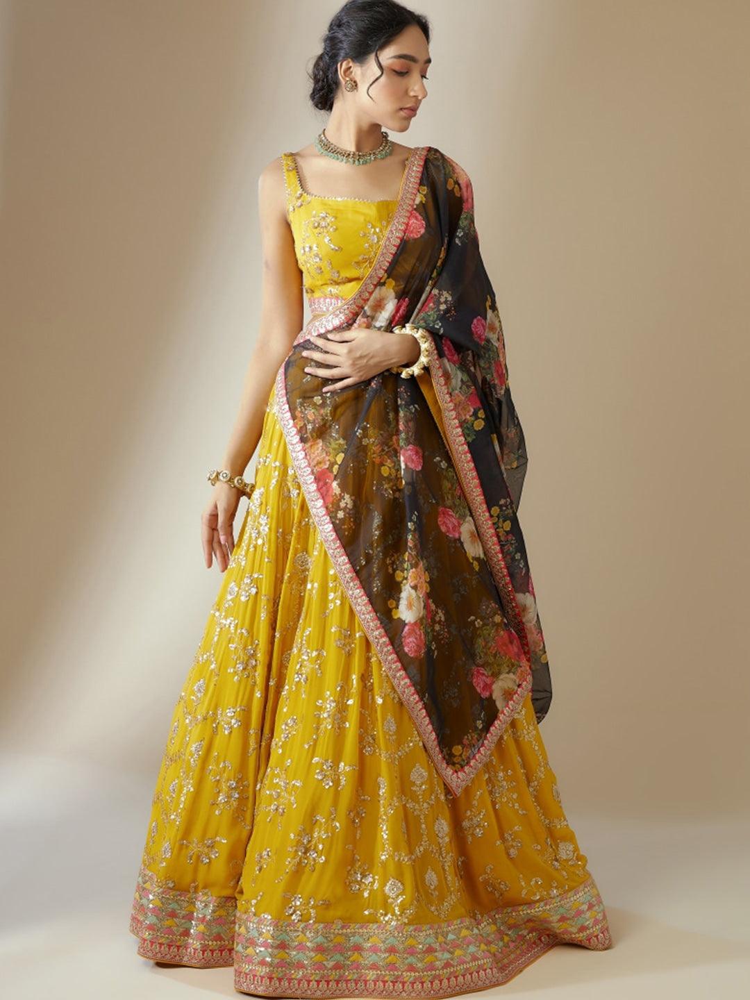 Yellow lehenga choli with contrast dupatta 2025 Newest