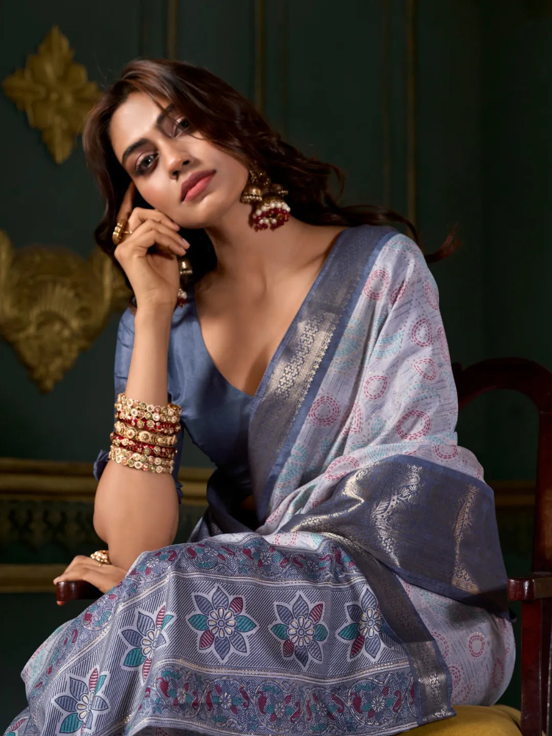 Graceful Dark Grey Soft Dola Silk Printed Saree Sale Browse