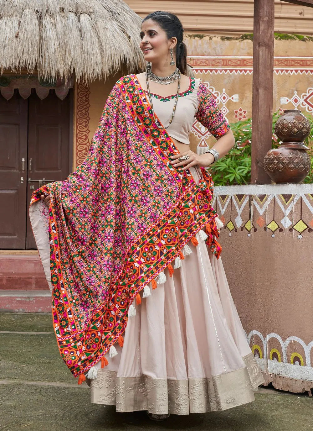 Gorgeous Beige Embroidered Navratri Lehenga Choli Best Place