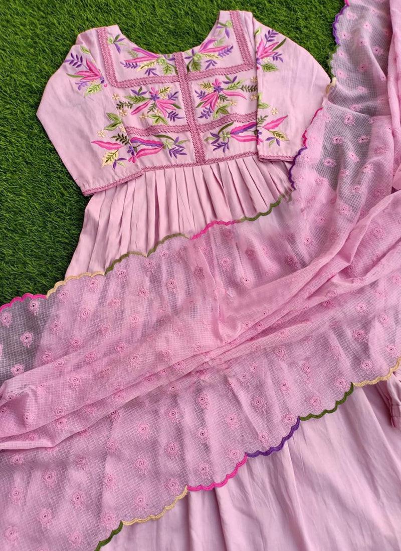 Desirable Light Pink Color Cotton Base Thread Work Anarkali Suit Professional Cheap Pice