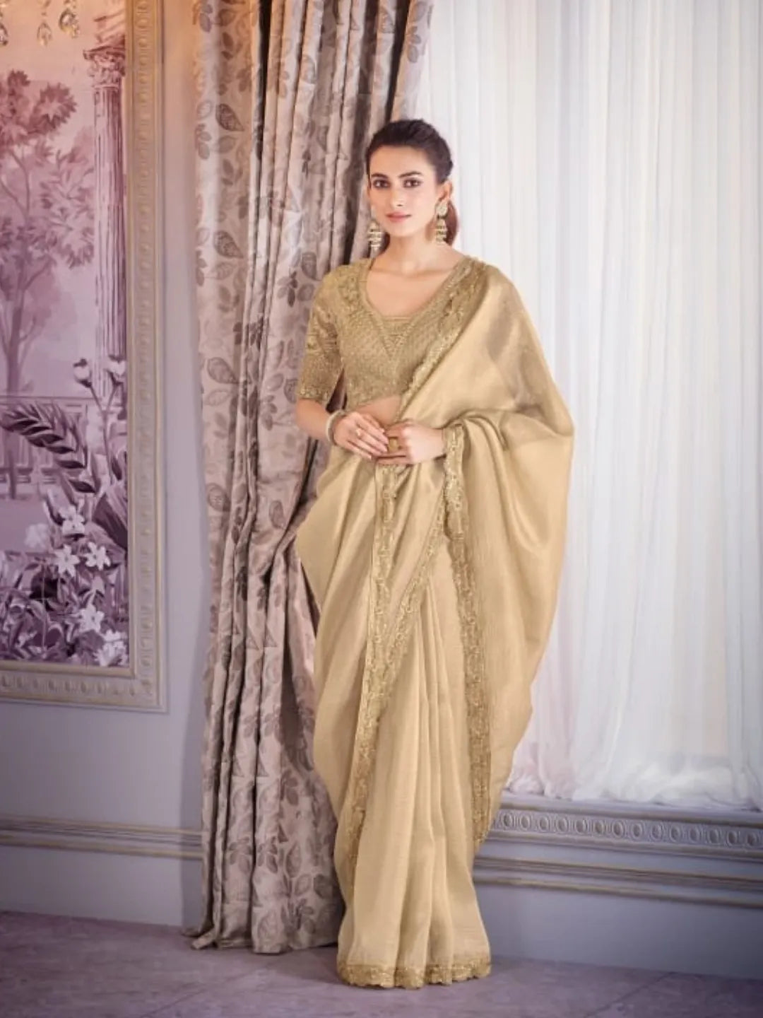 Glorious Golden Tissue Crush Embroidered Saree Outlet New