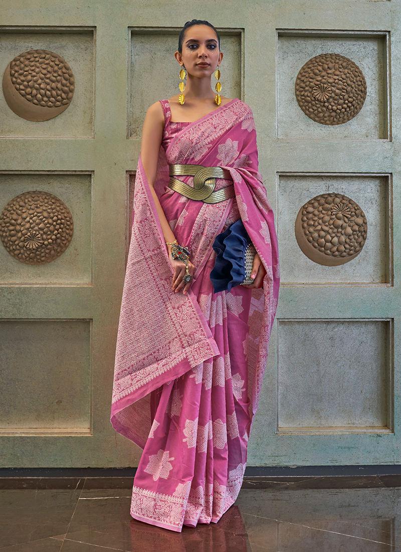 Hot Pink Color Lucknowi Silk Classic Saree Best Wholesale Online