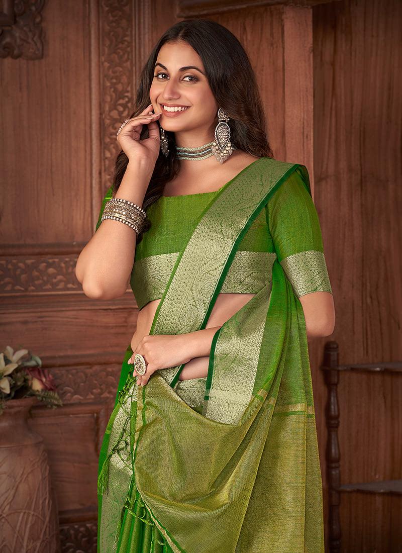 Two Tone Style Light Green Linen Saree Discount Pices