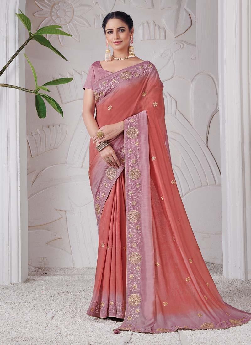 Terrific Look Dark Pink Color Silk Fabric Embroidered Saree Wiki For Sale