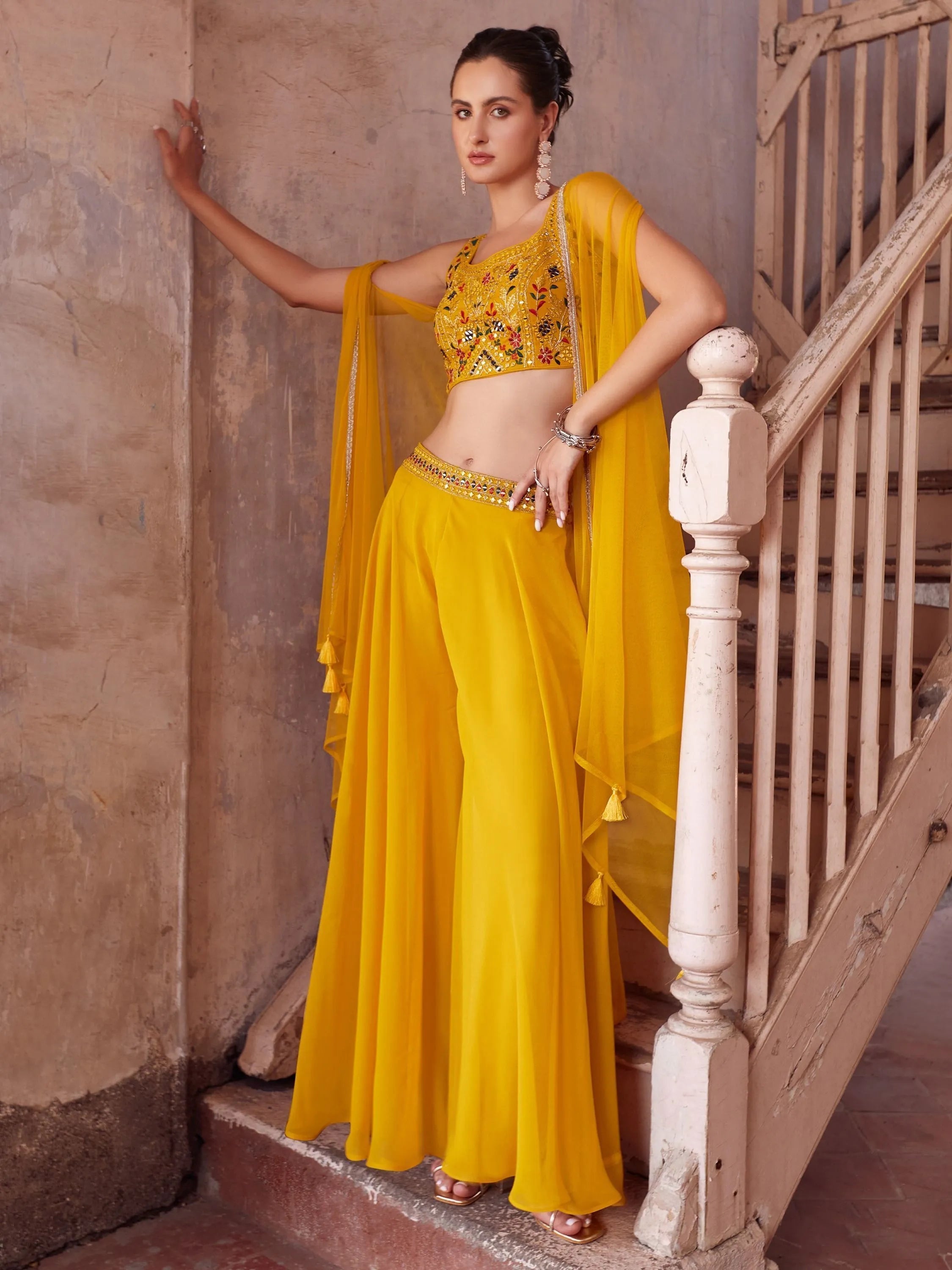 Fashionable Yellow Palazzo Suit with Embroidered Designer Top in Fancy Fabric Online Online Original