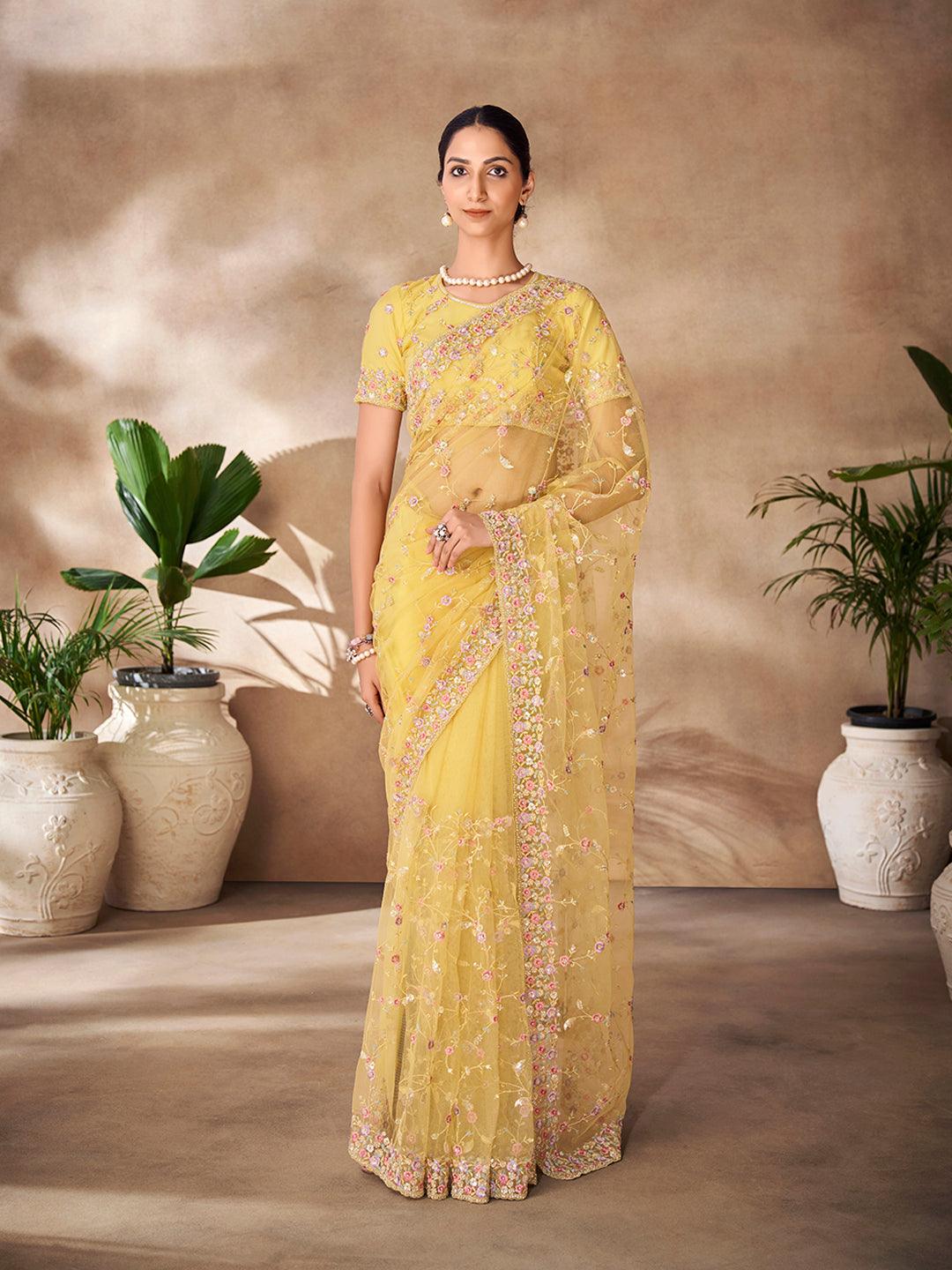 Yellow Net base embroidered and zarkan work saree With Credit Card Free Shipping